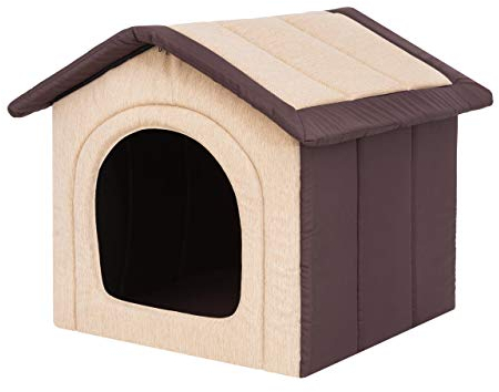 Hundehaus Hundehütte für mittelgroße Hunde - Katzenhaus, Katzenhöhle - mit herausnehmbarem Dach - Tierhaus für Katzen und Hunde für Drinnen/Indoor - Beige mit Braun - 52 x 46 x 53 cm [R3 / L]