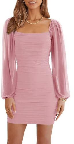 Ofenbuy Women's Mesh Long Sleeve Dress Square Neck Ruched Mini Bodycon Dress Stretch Party Cocktail Dresses Pink