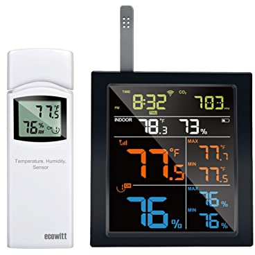 ECOWITT Estación meteorológica inalámbrica WN1821, pantalla LCD interior con detector de CO2, sensor de humedad de temperatura multicanal, sensor de presión, como puerta de enlace, acoplable con