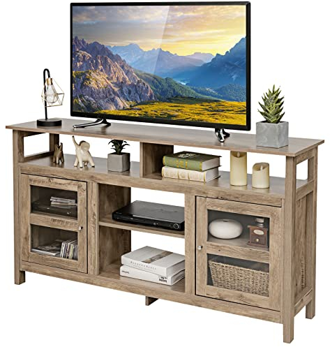 GIANTEX TV-skåp, TV-bord, TV-skåp, TV-bord för TV upp till 65 tum och elektrisk öppen spis upp till 18 tum, lågbord TV-byrå, trä, TV-bänk skänk, 147 × 40 × 81 cm (valnöt)