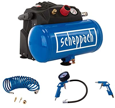 Scheppach HC06 6L Air Compressor | 1200W Oil-Free 200L/min | Compact for Tyre Inflation, Paint Spray Gun, Nail Staple Gun, Air Ratchet | 8 Bar | Inc. Accessory Kit & Hose