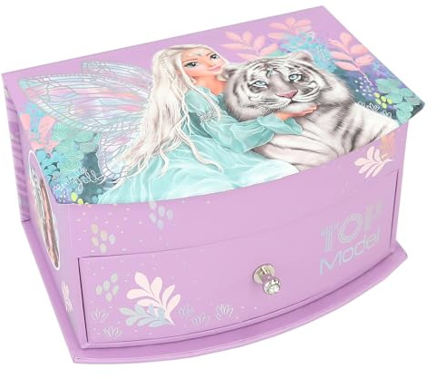 Depesche 12718 TOPModel Fantasy Tiger – litet smyckeskrin i lila, med femotiv, smyckeslåda med spegel och gångjärnslock