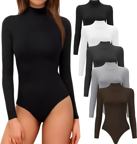 MLYENX 5 Pack Long Sleeve Body suits Womens Mock Turtleneck Casual Basic Stretchy Body Suits Tops L