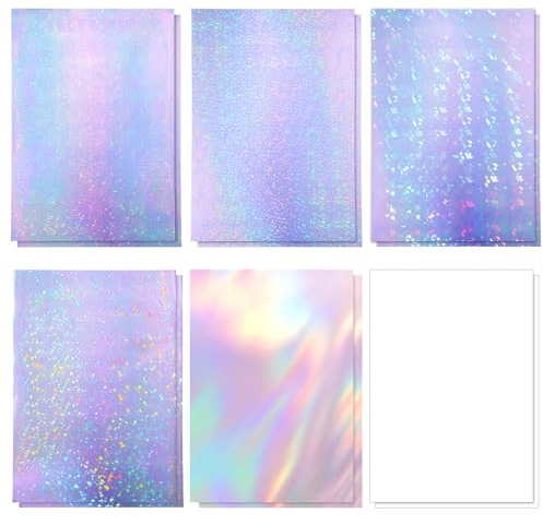 12 Blatt Hologramm Folie Aufkleberpapier A4 Hologramm Papier Klare Vinyl Bedruckbares Glitzerpapier Selbstklebendes Holografisches Wasserfest Laminatfolie für Heimwerker Basteln 6 Stile