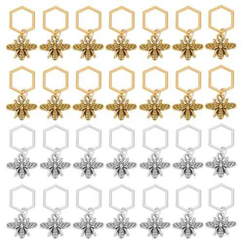 BENECREAT 40 Stück Antike Silberne Und Goldene Bienenstichmarker, Legierungs-Bienenanhänger Im Tibetischen Stil Mit Sechseckigen Verbindungsringen Zum Stricken Und Häkeln