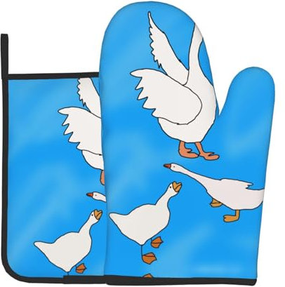 YYHHAOFA White Goose House Ensemble de gants de cuisine et maniques épais et durables, anti-brûlure et isolant thermique