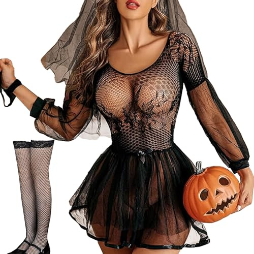 JFAN Conjuntos de Lencería Interior de Jacquard para Mujer Sexy Encaje Ropa de Dormir Camisón Semi Transparente con Mangas y Medias,Negro,Talla única