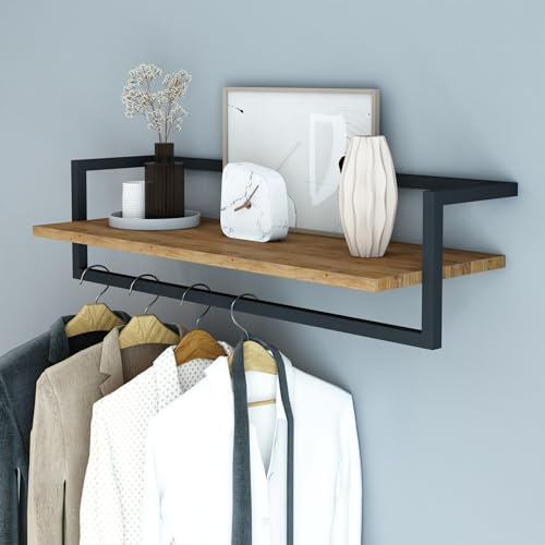 [en.casa] Perchero Pared con Estante Diseño Industrial para Entrada Oficina Colgador para Sombreros Chaquetas Bolsos Aglomerado Acero 80 x 30 x 20 cm - Efecto Madera/Negro
