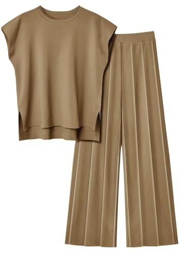 Veriliss Tvådelade kläder för kvinnor, sommartröja, set, stickad, pullover, toppar, elastisk midja, byxor, loungeuppsättning, träningsoverall, Brun, M