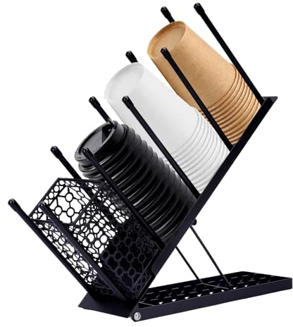 aleawol Cup Lid Holder Black Countertop with Straw Organizer, Coffee Station, Adjustable, Coffee Station, Bar, Restaurant, Breakroom, Office