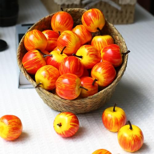 30pcs Artificial Mini Red Apple Fruits Simulation Plastic Fake Small Apple Realistic Faux Fruit Lifelike Decoration for Home Kitchen Table Bowl Holiday Party Decorate Photography Props Display