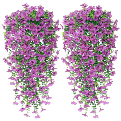 Betylifoy Artificial Hanging Flowers 4PCS Artificial Hanging Plants Outdoor UV-Resistant Fake Hanging Flowers Artificial Trailing Plants for Garden Patio Wedding Outdoor Decor (Purple)
