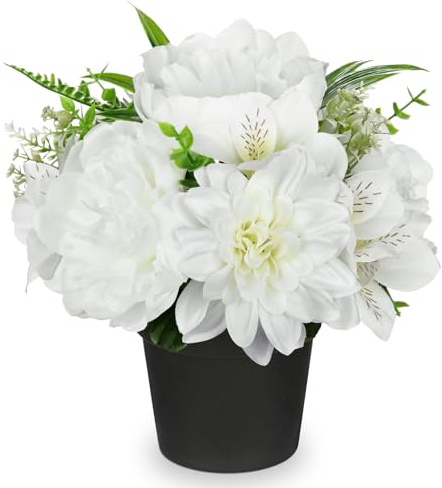 Briful Künstliche Blume im Topf – Realistische Kunstblumen Weiß – Dahlie, Pfingstrose, Lilie – Tischdeko für Wohnzimmer, Büro, Fensterbank – ca. 25 cm Hoch