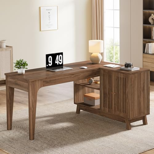 Tribesigns L-Shaped Desk with Storage Cabinet, 57-Inch Wood Corner Workstation, Home Office Computer Desk, Study Writing Table (Walnut)