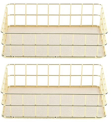 Hapivida Wire Mesh Basket, Golden Desktop Metal Storage Basket Iron Grid Storage Tray Net Basket Bins for Home Cosmetic Stationery (2pcs 24.5x16.5x6.5cm)