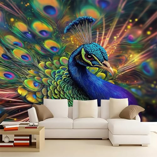 Art Papel tapiz fotográfico 300 x 210 cm Lana Decoración De Pared Sala Púrpura Cuarto Moderna Decoración De Pared Sala Cuarto Oficina Salón Plumas de pavo real de colores