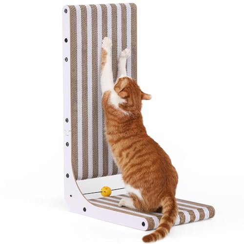 FUKUMARU Kratzbrett Katzen, 68 cm hohe L-förmige Kratzpappe mit Stripe-Muster, widerstandsfähig Katzenkratzbrett mit Ballspielzeug, Kratzmöbel aus hochwertiger Karton für Wand und Ecke, Groß