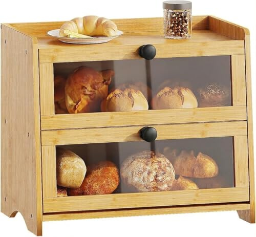 BAMBANG Brotkasten Bambus 2 Etagen Groß,Brotaufbewahrung Frischhalten Brotbehälter Brotschrank Bread Box Holz,Brotaufbewahrungsbox Brotkorb Brotkästen Brotbox Modern Brot Aufbewahrung, Natürlich