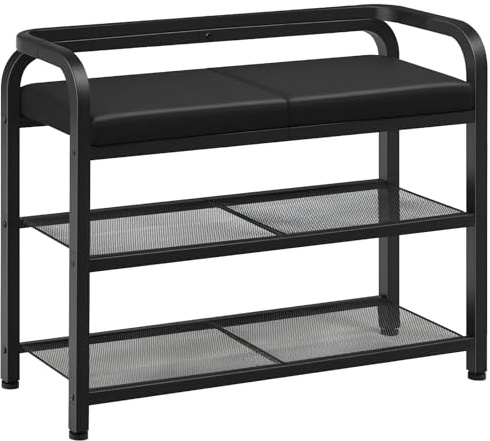 YATINEY Banco para Zapatos, Banco para Pasillo con Respaldo, Zapatero de 2 Estantes con Asiento Acolchado en PU, Banqueta Tapizada con Espacio de Almacenaje, para Entrada, Negro HX04BB