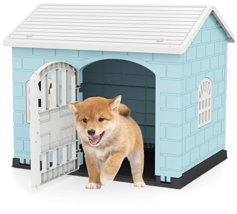 GOPLUS Hundkoja utomhus, hundkoja väderbeständig med låsbar dörr, 3 fönster, lutande tak, hundbur inomhus, husdjurshus hemma för små till medelstora hundar och katter (blå)