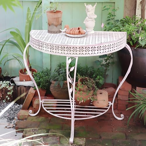 SXKLYRF Tavolo Consolle da Giardino a 2 Ripiani, Consolle Ingresso in Ferro Battuto Antico a Mezzaluna, Mensola Dietro Divano Mid-Century Adatta a Tutte Le Stagioni(White)