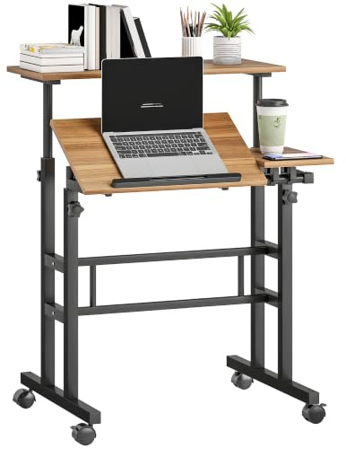 HOMCOM Scrivania sit-stand regolabile in altezza 70x60cm Marrone | Scrivania computer su ruote, piano inclinabile, postazione di lavoro per camera da letto, piccoli spazi