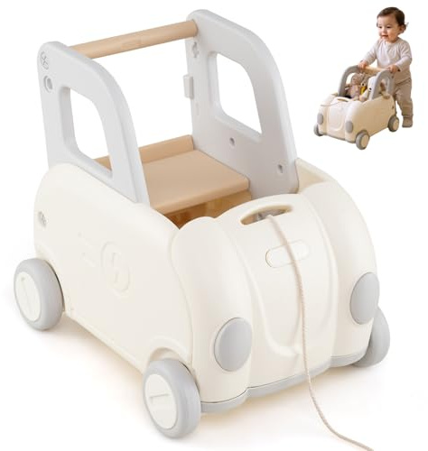 DREAMADE Lauflernwagen Baby, Laufwagen mit Zuggurt, Rädern & klappbarer Sitz, Baby Walker mit Stauraum, Lauflernhilfe zum Sitzen & Stehen, Schiebewagen für Kinder ab 1 Jahr