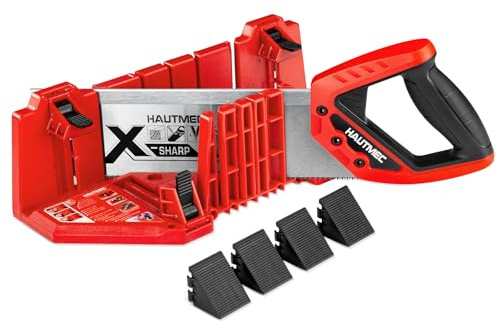 HAUTMEC Clamping Miter Box and Saw Set, 12-Inch Back Saw with Reinforced Spine for Straight Cutting, 14-Inch Adjustable Miter Box with 4 Bevel Clamps for 22.5°, 45°, 90° Precision Cuts – HTHDM25038
