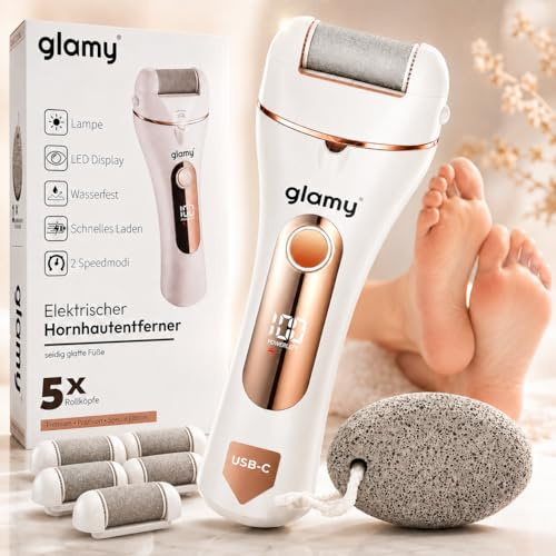 Glamy Elektrischer Hornhautentferner mit 5 Ersatzrollen, IPX6 wasserdicht, LED-Licht, 2 Stufen & Druck-Stopp, USB-C wiederaufladbar, inkl. Bimsstein