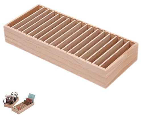 DECOMELODY Organisateur de Bandeaux en Bois Massif à 17 Compartiments, Support pour Élastiques à Cheveux et Bijoux, Boîte de Rangement Cosmétique pour Chambre à Coucher, Présentoir Pratique