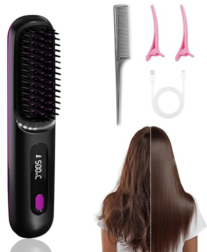 Kabellose Glättbürste, Mini Glätteisen Kabellose, Haarglätter Bürste, 31mm Keramik Heizelement, Tragbar Glättungsbürste, Wärmebürste Für Perfektes Haar & Bart Styling (Schwarz)