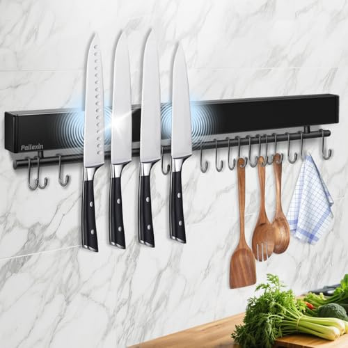 Porte-couteaux magnétique mural de 59cm, Noir Bande magnétique en acier inoxydable sans perçage avec 15 crochets/ruban adhésif/vis, support d'ustensiles de cuisine, organisateur de couteaux magnétique