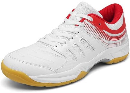 Wizeny Scarpe da Tennis per Uomo Scarpe da Ping Pong Leggere Scarpe da Pallavolo comode Calzature da Badminton Resistenti for Indoor,White Red,37 EU