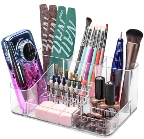 CGBE 28 Holes Nail Drill Bits Holder, Transparent Acrylic Professional Nail Drill Holder Box, Multi-Functional 7 Compartments Makeup Organiser & Cosmetic Storage Case