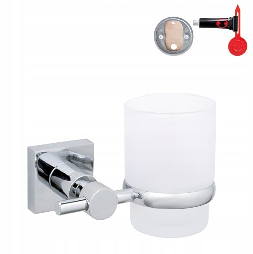 tesa HUKK Zahnputzbecher mit Halterung - 125 mm x 95 mm x 90 mm | Zahnbürstenhalter zur Wandbefestigung ohne Bohren - aus satiniertem Glas und verchromtem Metall - inkl. Klebelösung