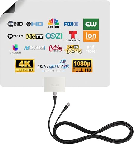 Mohu Leaf Plus Paper-Thin Indoor TV Antenna, Amplified, UHF VHF, 60-Mile Range, Multi-Directional, 4K 8K UHD, NEXTGEN TV - w/ 12 ft. Cable
