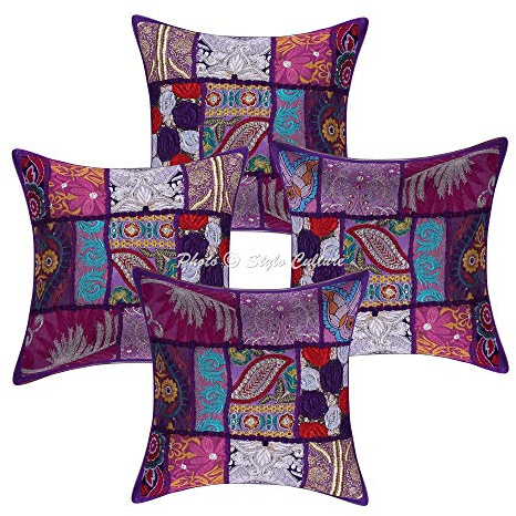 Stylo Culture Ethnicas Fundas Cojines Decorativa 30x30 cm Algodón Abstracto Funda Almohadon Sofa Morado 12x12 Inch Patchwork Vintage Cuadrado sobre Fundas Almohadones para Sillas - 4 Pcs