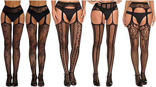 Bommi Fairy 5 par elastiska nätstrumpbyxor för kvinnor med hög midja sexiga strumpeband svarta strumpor med spetsmönster strumpebandshållare, Svart-5-pack, one size stor