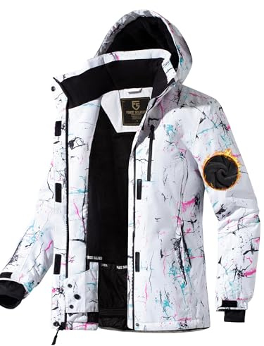FREE SOLDIER Women's Waterproof Ski Snow Jacket Fleece Lined Warm Winter Rain Jacket with Hood Fully Taped Seams(Floral Print,L)
