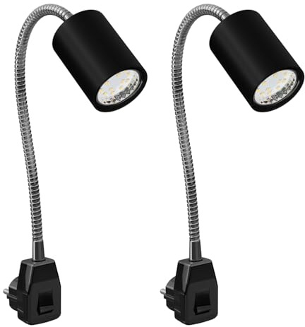 ledscom.de 2 Stück GU10 Steckdosenlampe WAIKA Schwanenhals, Schalter, schwarz inkl. GU10 LED Lampe 227lm warmweiß
