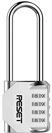 RESET- 4 Digit Combination Padlock with 2.4 inch Long Shackle, Combination Lock,Outdoor Waterproof Padlock for School Gym Locker, Fence, Gate, Toolbox,Sliver | Resettable 4-digit long-shackle padlock; 0.6 cm shackle, 1.9 cm inside width and 11.6 cm overall height.