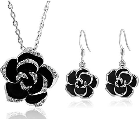 Yifnny Schwarz Rose Kamelie Blume Schmuck Set, Strass Halskette Ohrringe Schmuck Set Rose Blume Halskette Ohrring Kamelie Schmuck Braut Hochzeit für Damen (Schwarz)
