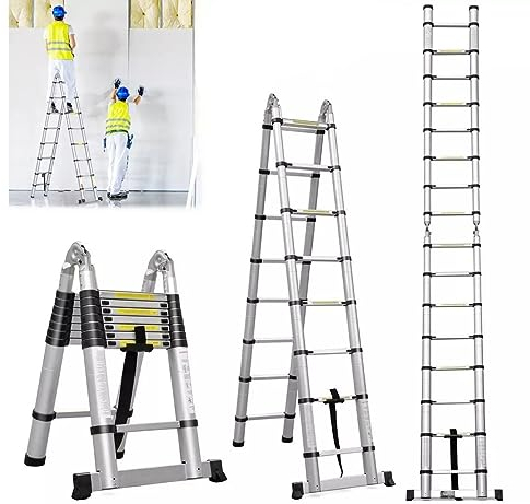 16,5Ft Aluminium Teleskopische Verlängerungsleiter 5M Ausziehbare faltende Mehrzweck-Schritt-Leiter A-Rahmen Leichte Leiter mit Stützstange Anti-Rutsch EN131 Zertifiziert (2,5m + 2,5m)