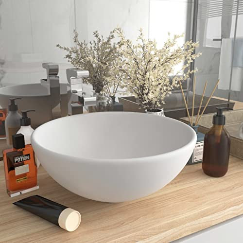 WIFESE Lavabo Rond de Salle de Bain Blanc Mat 32,5x14 cm Céramique Vasque à Poser Style Elégant Lave Main WC Évier Cuisine Meuble Toilette pour Salle Cosmétique Garage Jardin Hôtel