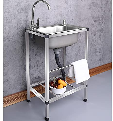 EMISOO Évier INOX De Cuisine Indépendant sur Pied avec Robinet Support - Évier Extérieur, Utilitaire, De Restaurant 1 Bac, De Jardin, Station De Nettoyage Lavabo (Color : Single Cold)