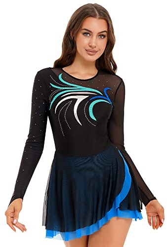 iEFiEL Damen Langarm Eiskunstlauf Kleid Glitzer Tanzkleid Strass Kürkleid Rollkunstlauf Bekleidung Tanzanzug Tanzkostüm Blau Grün S