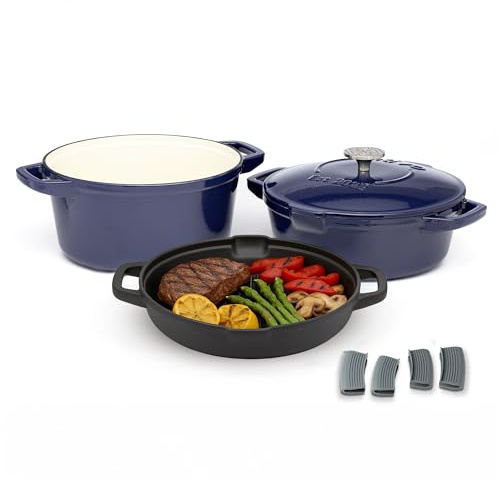 NATIVO 5 pc Stackable Cast Iron Cookware Set, Versatile Enamel Dutch Oven, Seasoned Grill Pan & Enamel Braiser with Precision Pour Spouts, Universal Lid, Included Spacers/Handle Holders, Midnight Blue