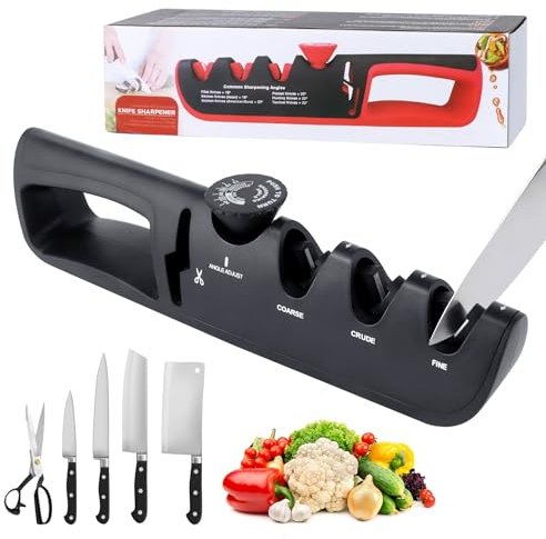 Afilador de Cuchillos Profesional, 4 Etapas Afilador Cuchillos y Tijeras, Manual Afilador Cuchillos con Perilla de Angulo Ajustable, para Cuchillos de Cocina Afilados, Tijeras