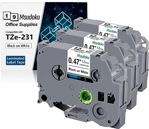 Msudoku TZe-231 Kompatibel für Brother P Touch Bänder 12mm 0.47 für TZe231 TZ-231 Schriftband für PT-H100R PT-D400 H105 E100 PT-1000 PT-H110 H101 H107B D210 H100LB, Schwarz auf Weiß