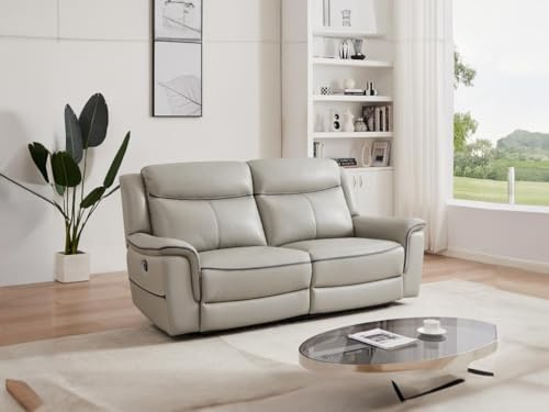 Vente-unique - Relax-Sofa 3-Sitzer Adelio - Leder - hellgrau | Kalbsleder, elektrischer Entspannungsmechanismus, inklusive USB-Anschluss